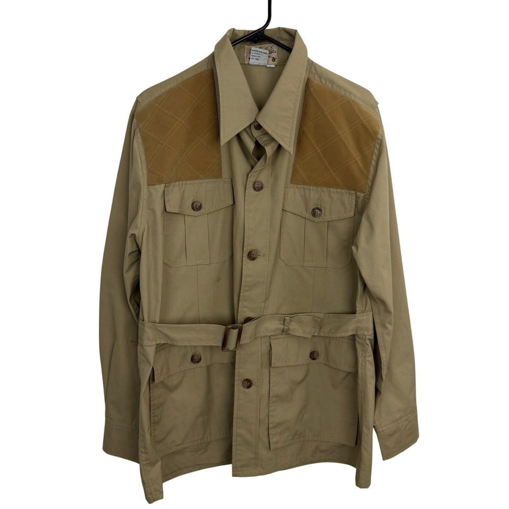 Cabela's Jacket Mens Large Tan Safari Hunting Shooting Coat Belted Cotton Vtg